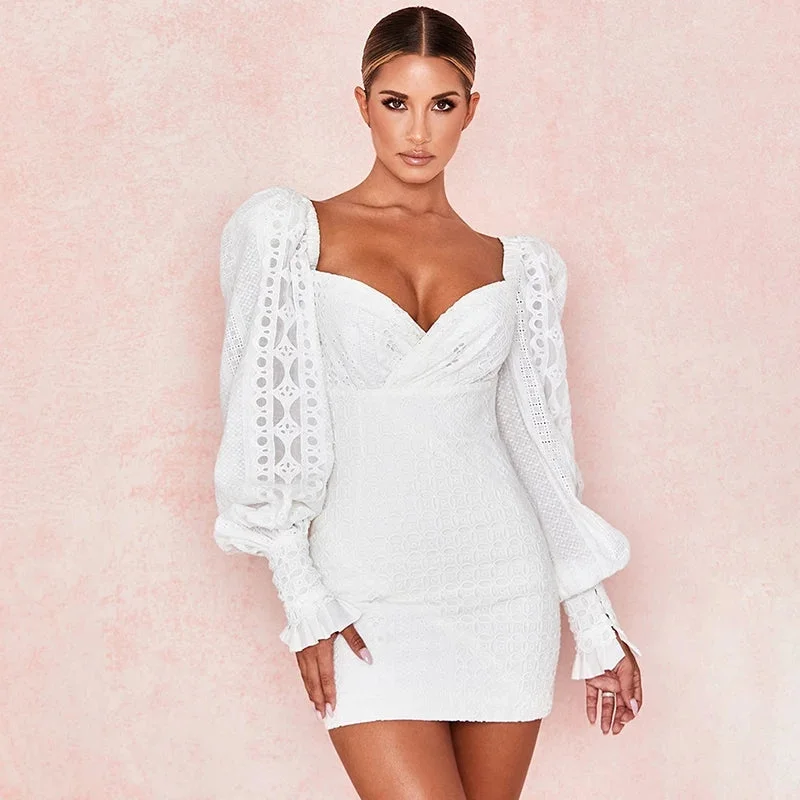 Sexy White Lace Mini Dress Stylish Short Sleeve Mini Dress