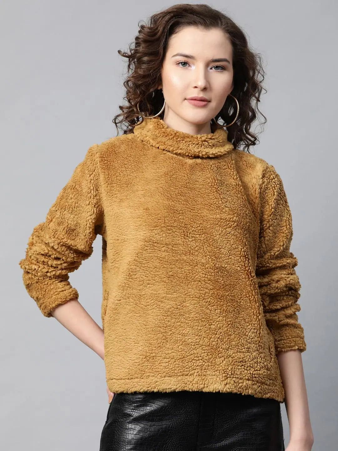 Mustard High Neck Faux Fur Sweatshirt Hoodie with Typography Text Message