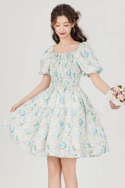 Pastel Rose Garden Puff Sleeve Mini Dress (Blue) Fashionable Boho-Chic Mini Dress