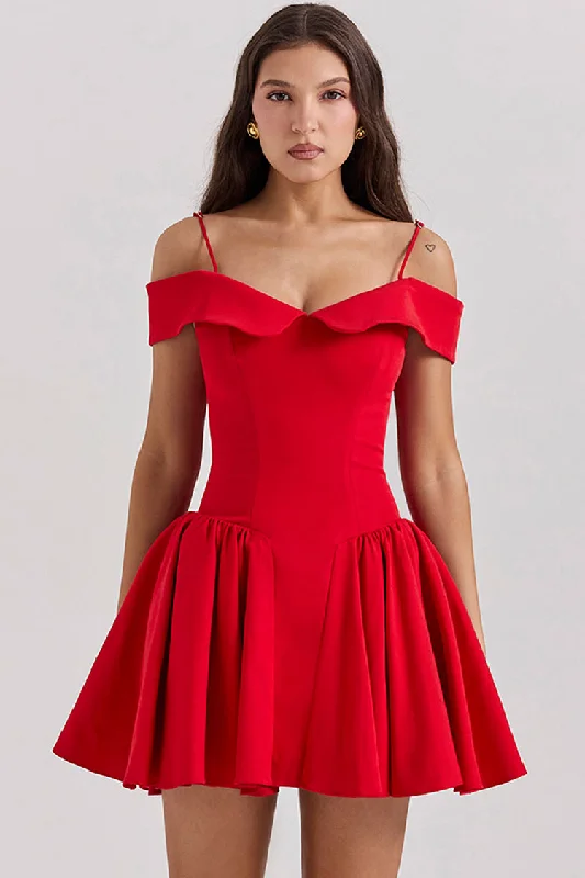 Elegant Spaghetti Strap Off Shoulder Drop Waist Fit & Flare Party Mini Dress - Red Elegant Tulle Mini Dress Elegant Spaghetti Strap Off Shoulder Drop Waist Fit & Flare Party Mini Dress - Red Elegant Tulle Mini Dress