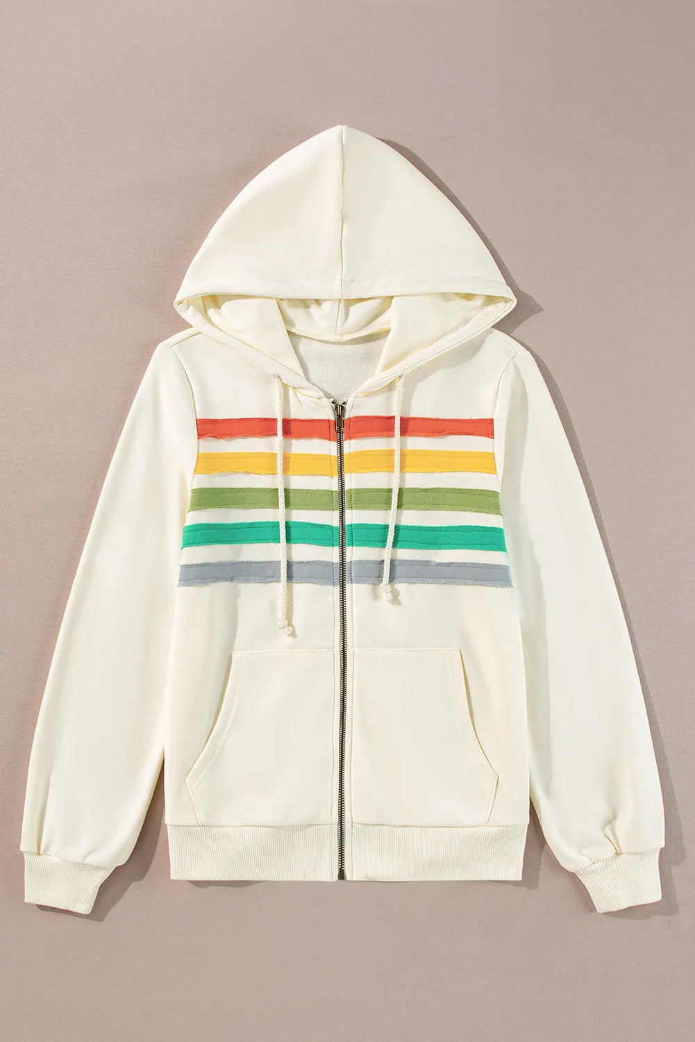 Drawstring Contrast Zip Up Long Sleeve Hoodie Hoodie with Hem Frayed Vintage Worn