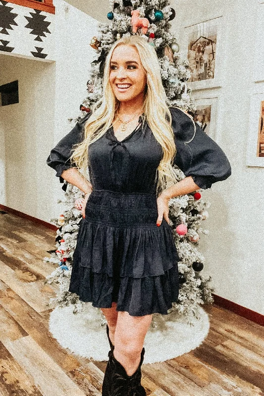 Tiered Long Sleeve Mini Dress with Ruffle Collar Classic Striped Mini Dress