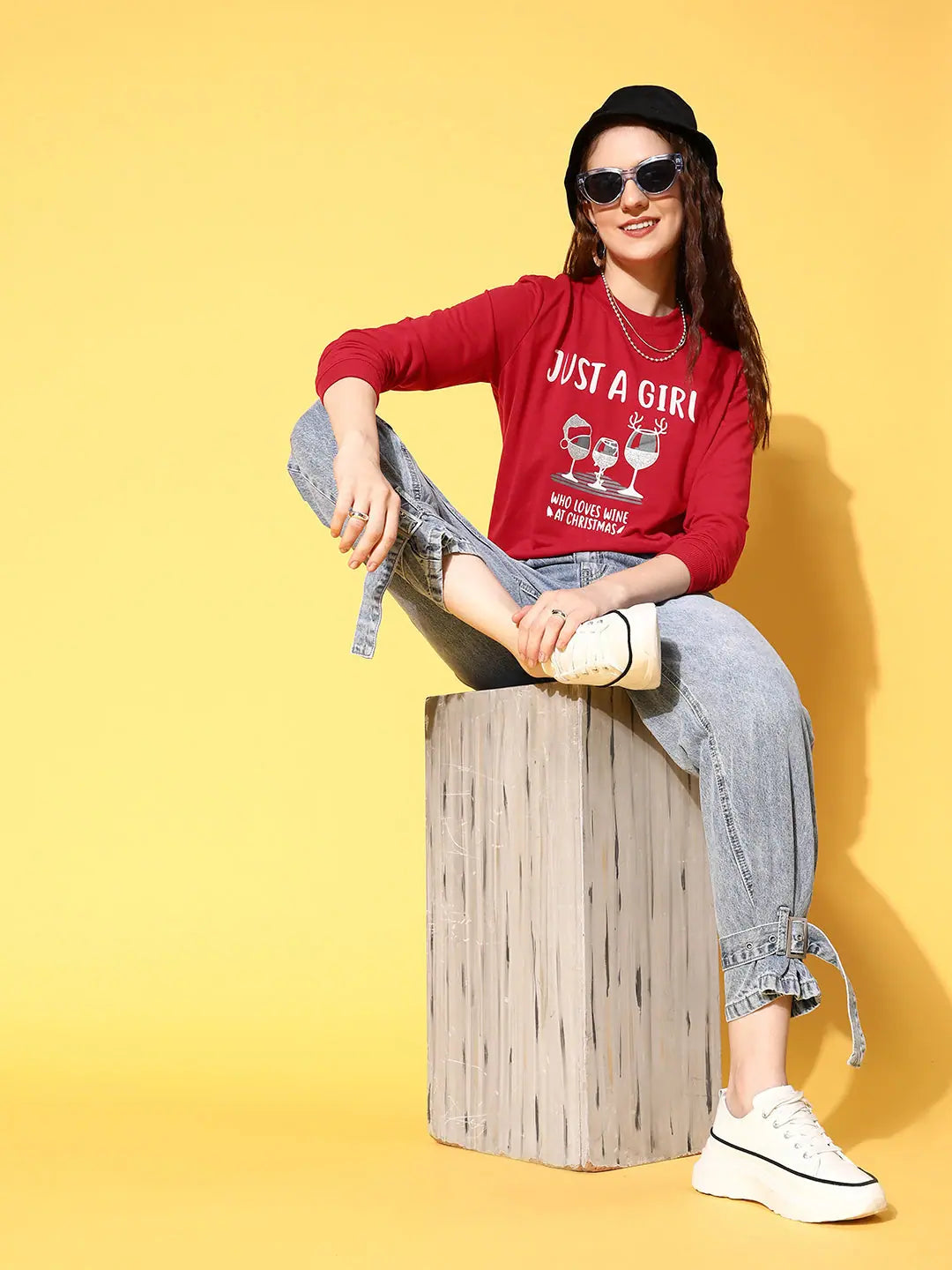 Women Red Terry JUST A GIRL Sweatshirt Hoodie with Cropped Fit Short Trendy