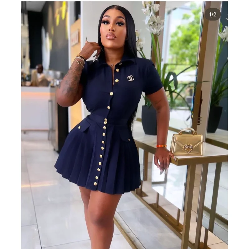 Button Detailed Short Sleeve Mini Dress. Fashionable Summer Mini Dress