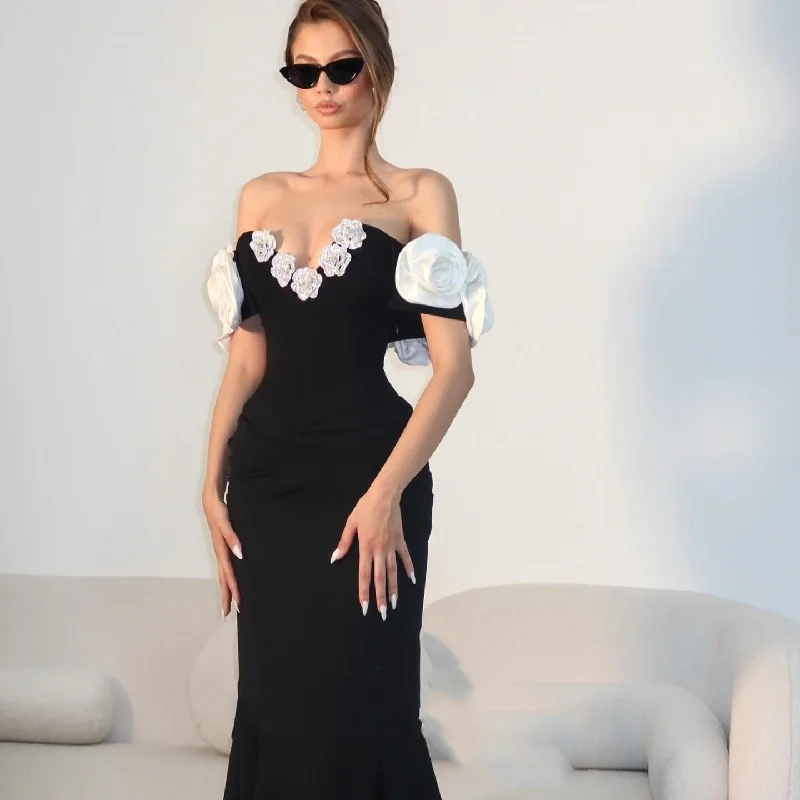 Tube Top Flower Bandage Dress Black Party Dress For Women Tunics Satin smooth