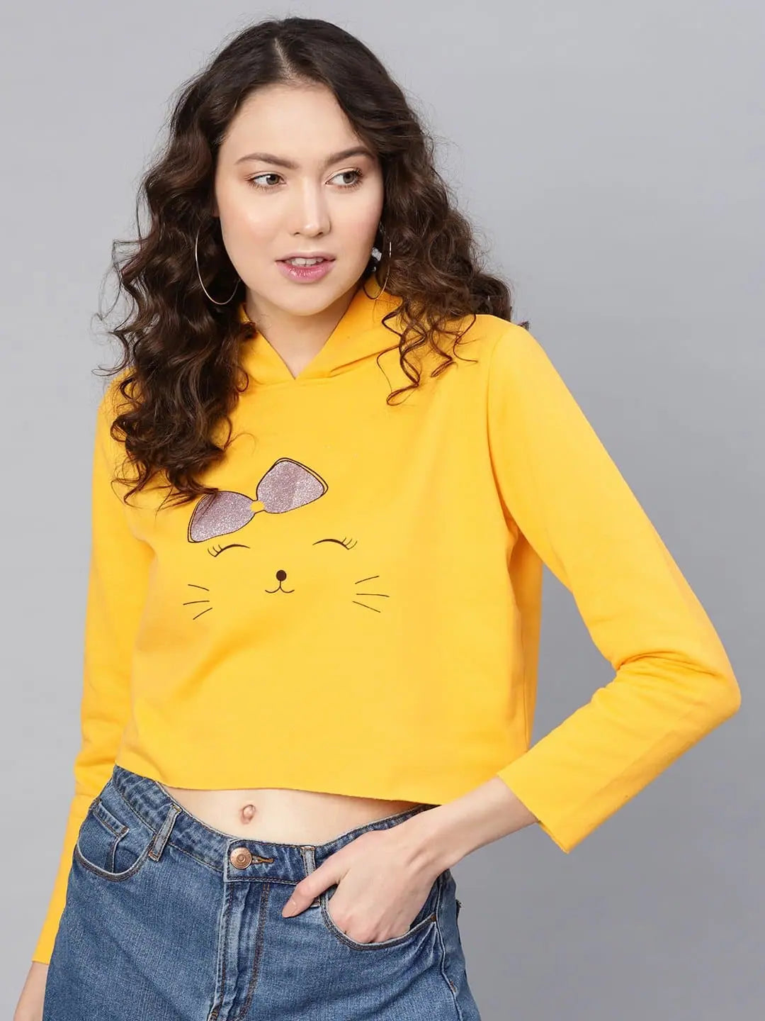 Yellow Kitty Sweatshirt Hoodie with Print Artistic Unique