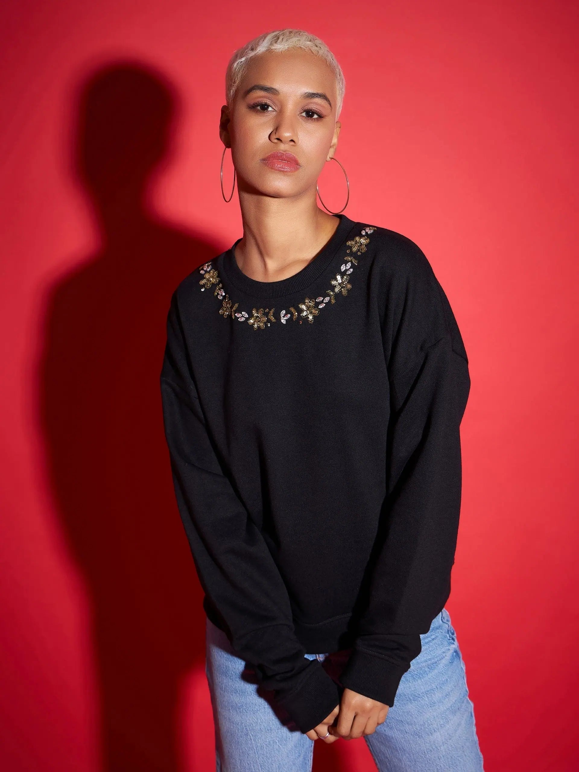 Women Black Terry Neck Embroidered Oversized Sweatshirt Hoodie with Relaxed Fit Easy Casual Women Black Terry Neck Embroidered Oversized Sweatshirt Hoodie with Relaxed Fit Easy Casual