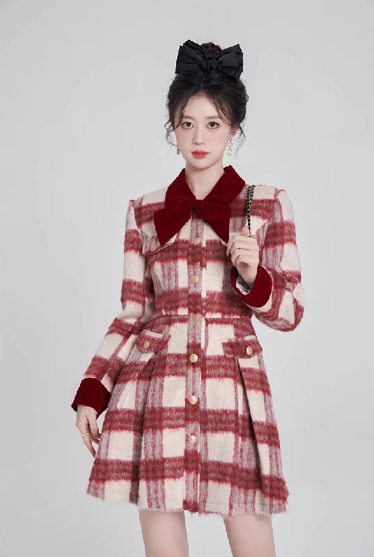 Fuzzy Candy Cane Plaid Mini Dress (Red/White) Fashionable Summer Mini Dress