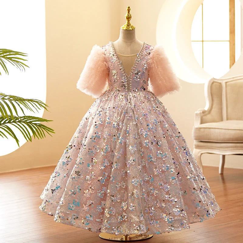 Toddler First Communion Dress Girls Plush Sleeves Pink Sequin Fluffy Princess Dress Tunics Stylish modern