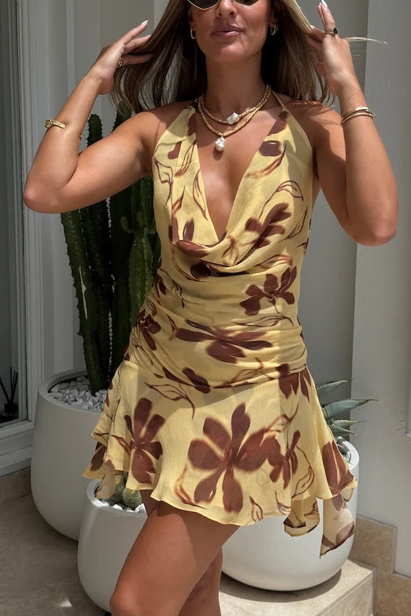 Hire BENNI Harlow Halter Mini Dress in Butter Floral Trendy Button-Detail Mini Dress Hire BENNI Harlow Halter Mini Dress in Butter Floral Trendy Button-Detail Mini Dress