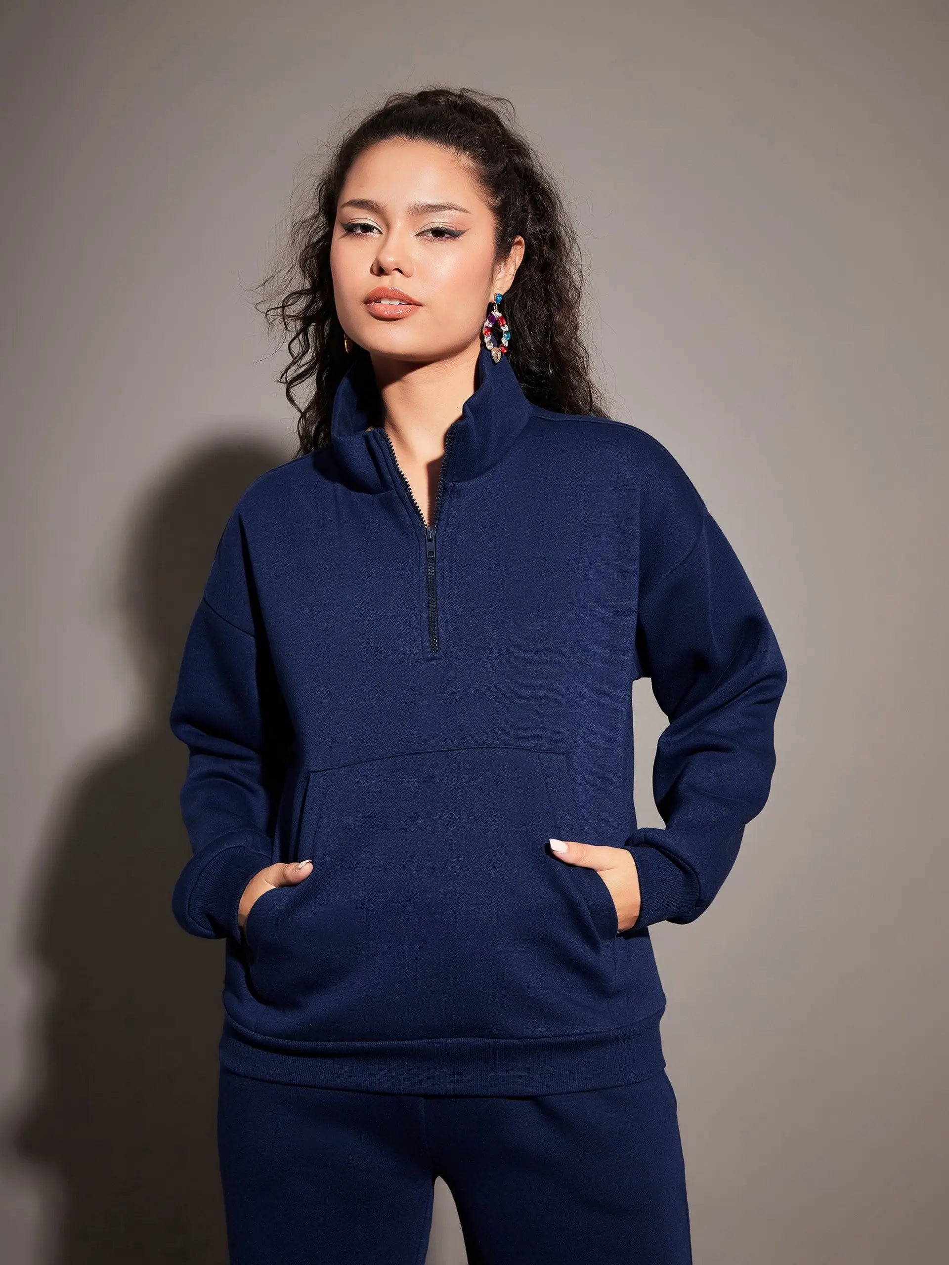 Women Navy Fleece Front Zipper Sweatshirt Hoodie with Hem Raw Edge Edgy Unfinished