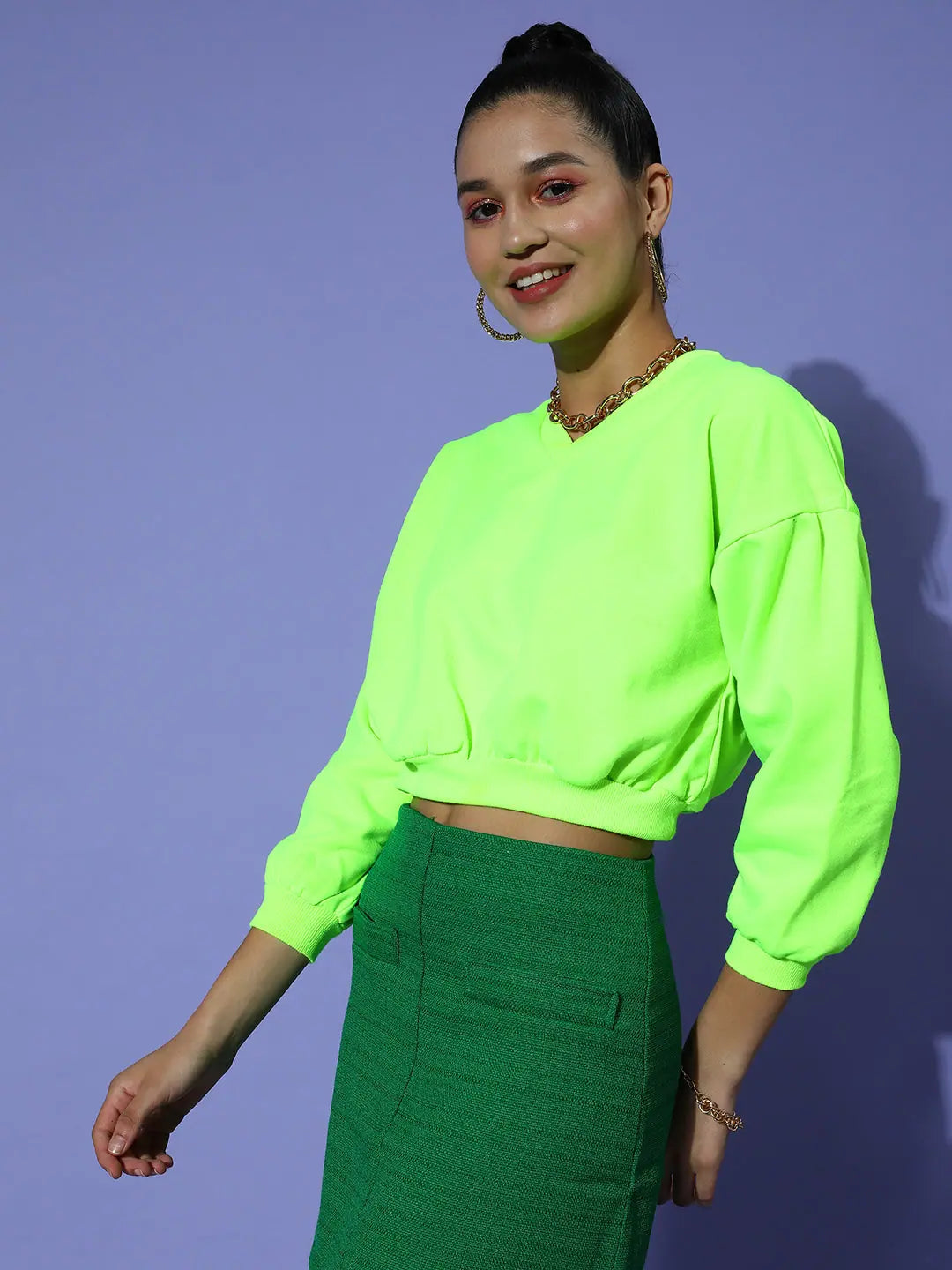 Women Neon Green V-Neck Crop Sweatshirt Hoodie with Cuffed Sleeves Snug Secure