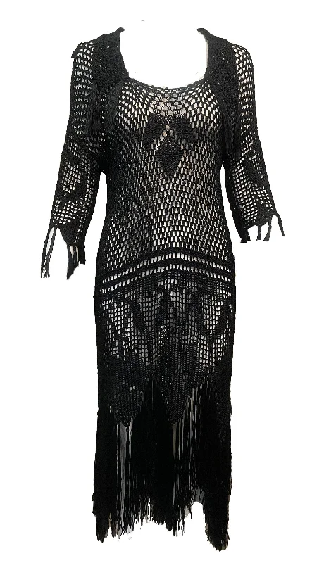 20s Black Rayon Blend Hand Crochet Dress with Fringe Boat Neckline Classic