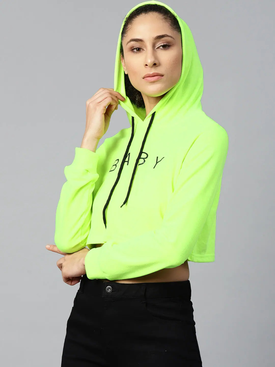 Neon Green Baby-Print Crop Boxy Hoodie Hoodie with Emblem Brand Identity