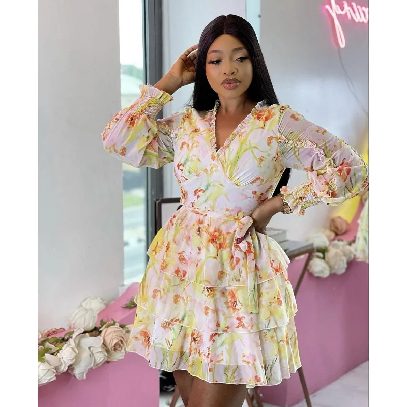 V-Neck Layered Floral Mini Dress Fashionable Pleated Mini Dress