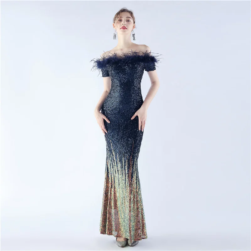 Craft Ostrich Feather Gradient Sequin off Shoulder High End Evening Dress Tunics Custom made