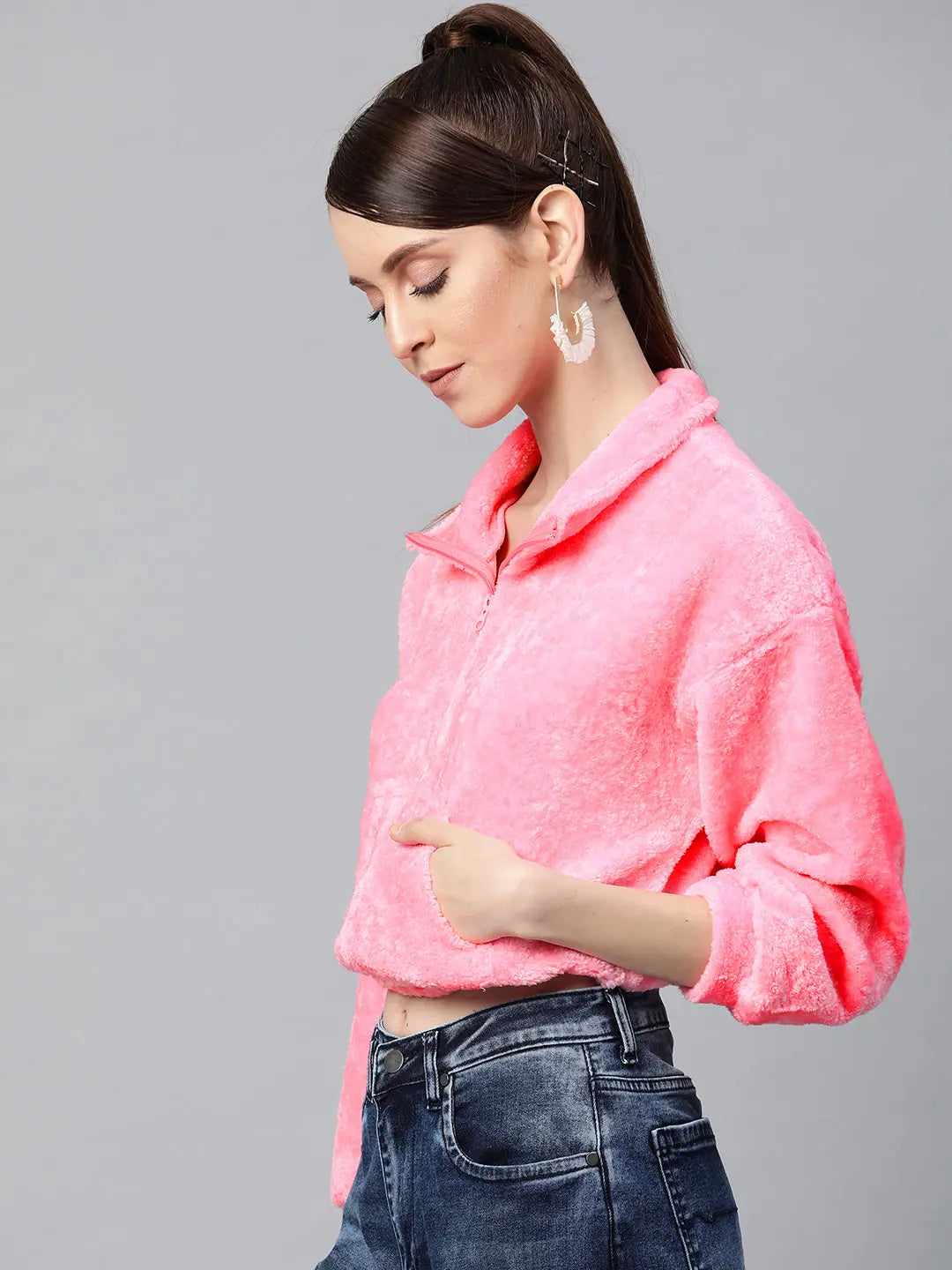 Pink Kangaroo Pocket Faux Fur Crop Sweatshirt Hoodie with Monochrome Minimalist Simple Pink Kangaroo Pocket Faux Fur Crop Sweatshirt Hoodie with Monochrome Minimalist Simple