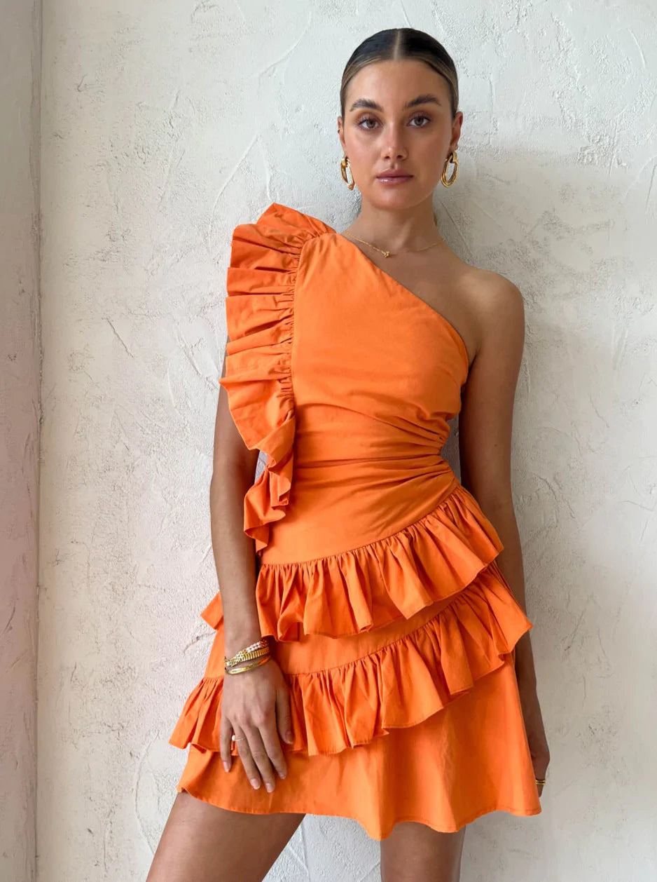 Hire BY NICOLA Adrift Frill Mini Dress In Sunset Orange Trendy Floral Mini Dress