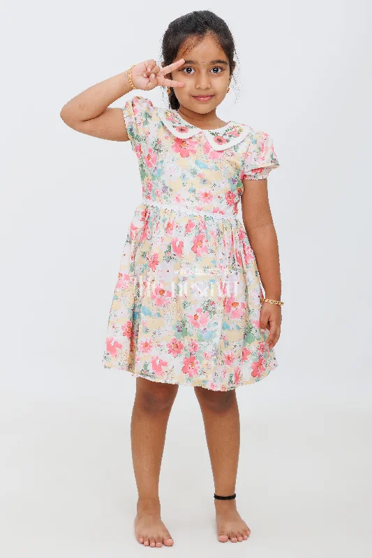 Girls Multicolor Floral Peter Pan Collar Frock with Puff Sleeves - Playful Party Dress Tunics Bridal satin Girls Multicolor Floral Peter Pan Collar Frock with Puff Sleeves - Playful Party Dress Tunics Bridal satin