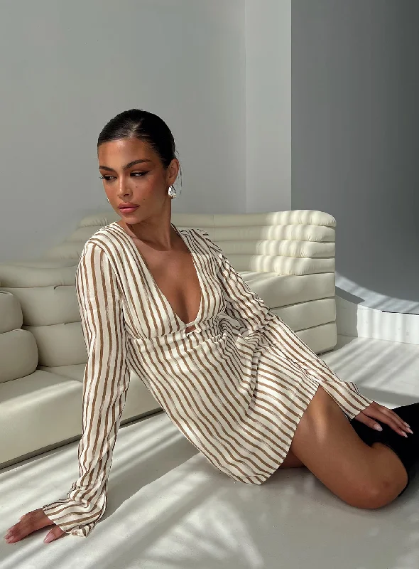 The Good Life Mini Dress Brown / White Stripe Elegant Satin Lace Mini Dress