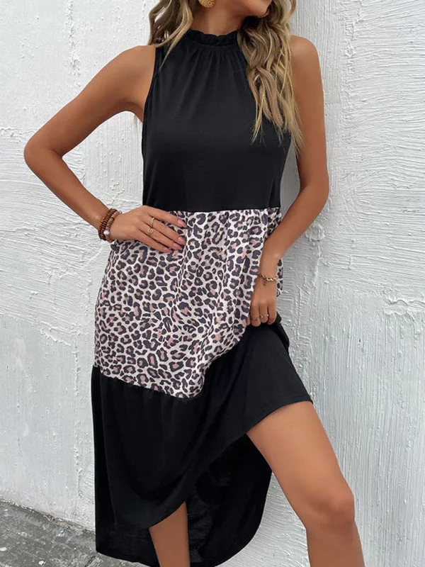 Halter Dress Slim Fit Sleeveless Leopard Panel Dress Tunics Winter warm