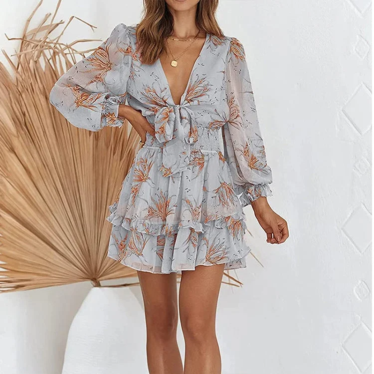 Early broken flower lace up temperament Chiffon commuter dress Turtleneck Neckline Stylish Early broken flower lace up temperament Chiffon commuter dress Turtleneck Neckline Stylish