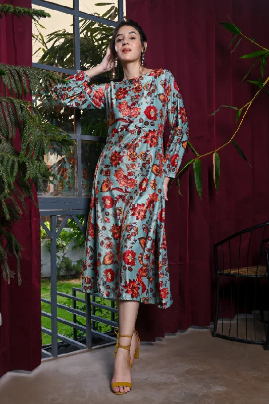 Sea Green Multicoloured Floral Print Velvet Dress Tunics Sophisticated sleek