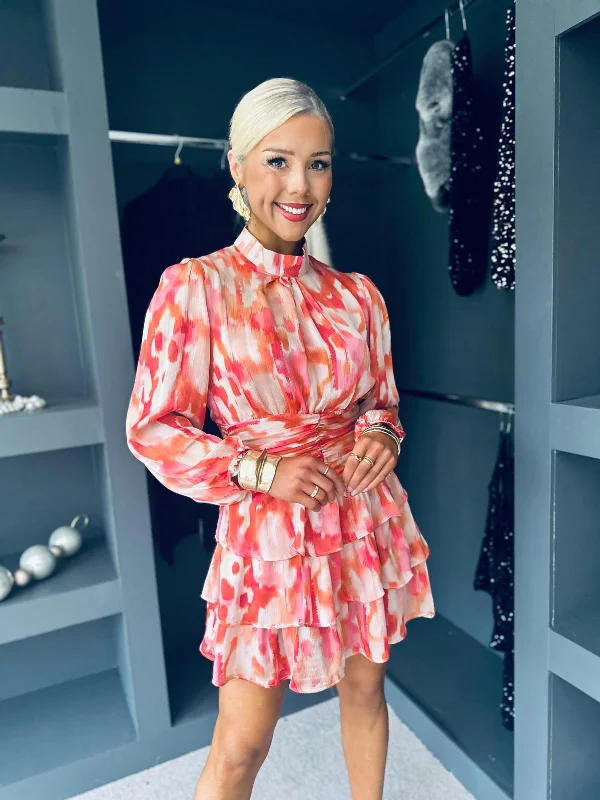 Yvette High Neck Mini Dress Coral Stylish Short Sleeve Mini Dress