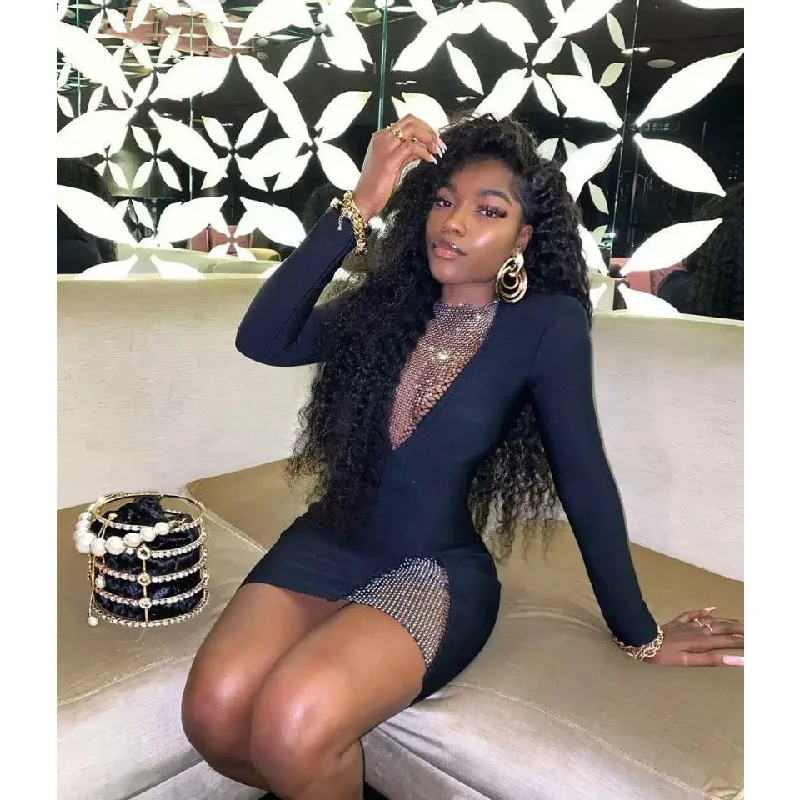 V-Neck Long Sleeve Hollow Out Sexy Mini Dress Trendy Wraparound Mini Dress