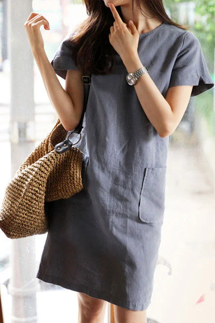 Round neckline linen loose dress J054 Turtleneck Warm Winter