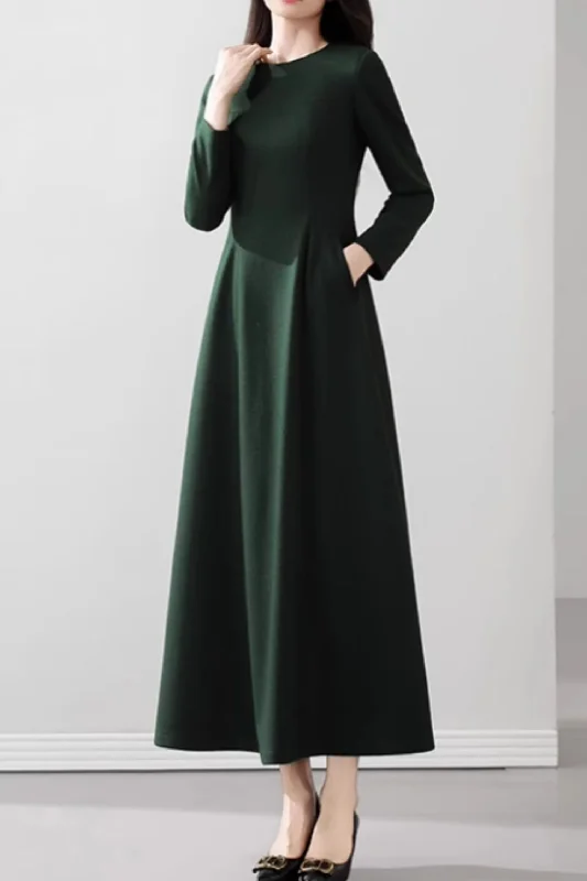 Maxi green long wool dress with pockets 5538 Tunics Satin smooth