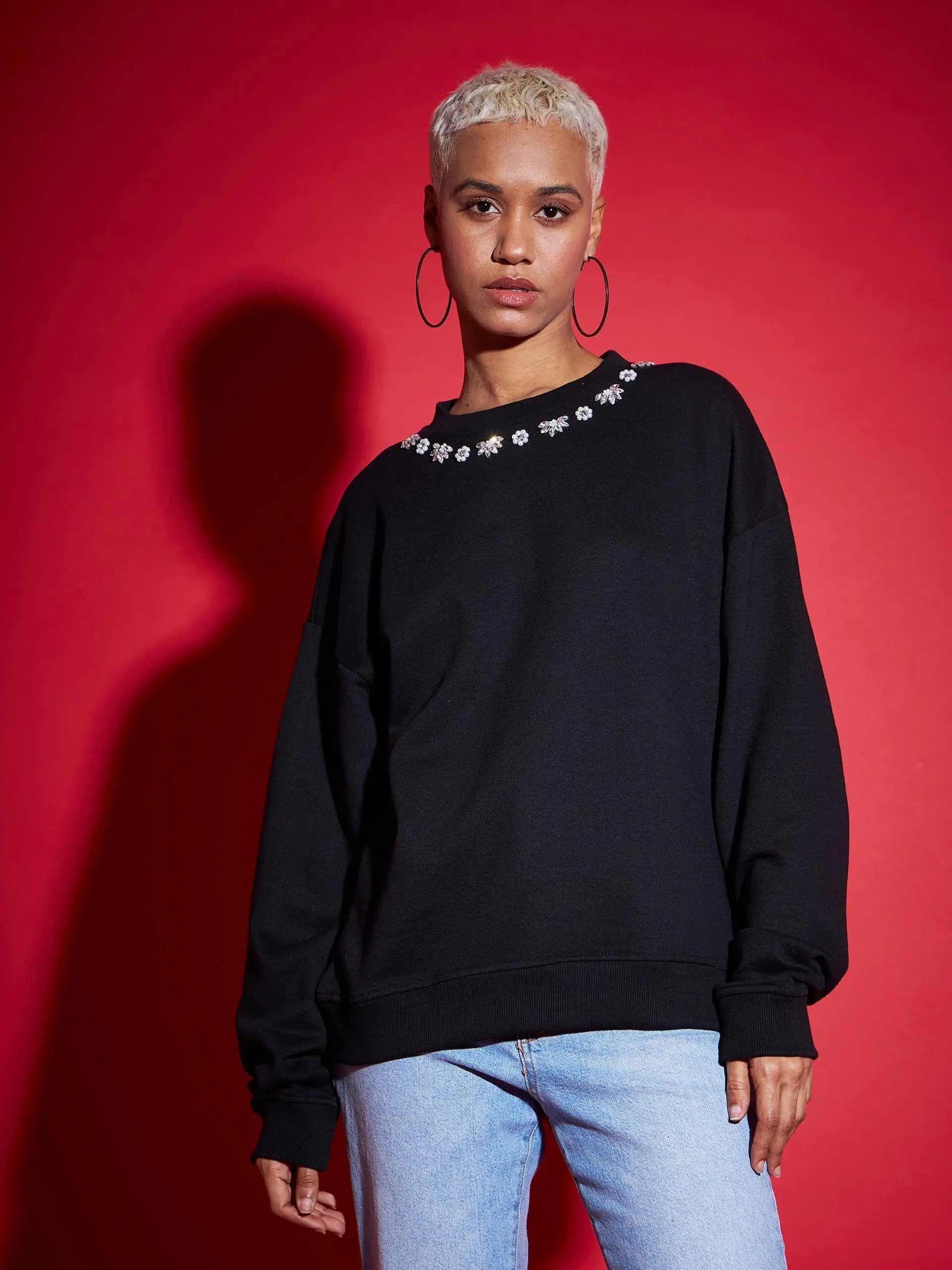 Women Black Terry Stud Pearl Oversized Sweatshirt Cotton Hoodie Fleece Lining Warmth