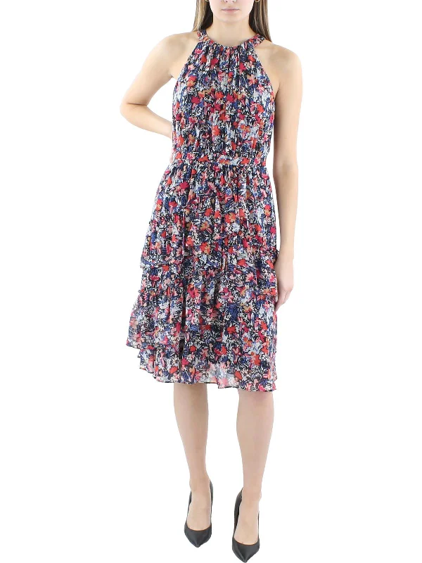 Womens Floral Ruffle Cocktail And Party Dress Boat Neckline Classic
