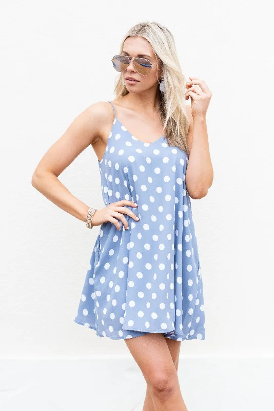 Polka Dot Party Dress, Light Denim-Ivory Tunics Polka dots