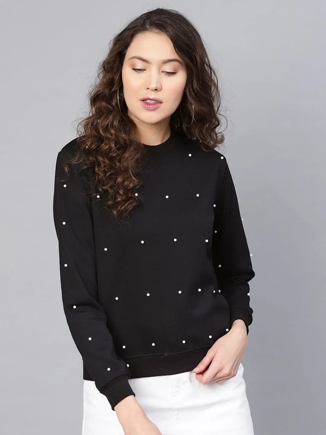 Pearl Beaded Black Sweatshirt Hoodie with Distressed Vintage Worn