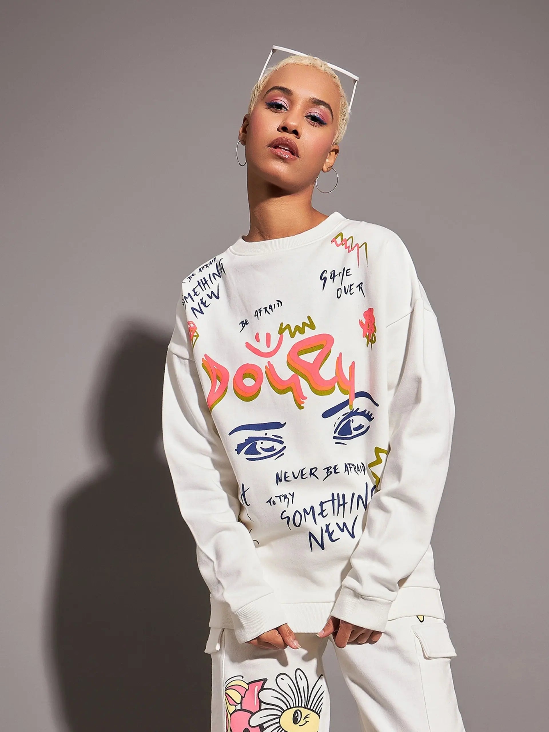 Women Off-White Eye Oversized Sweatshirt Hoodie Jacket Zipper Layering
