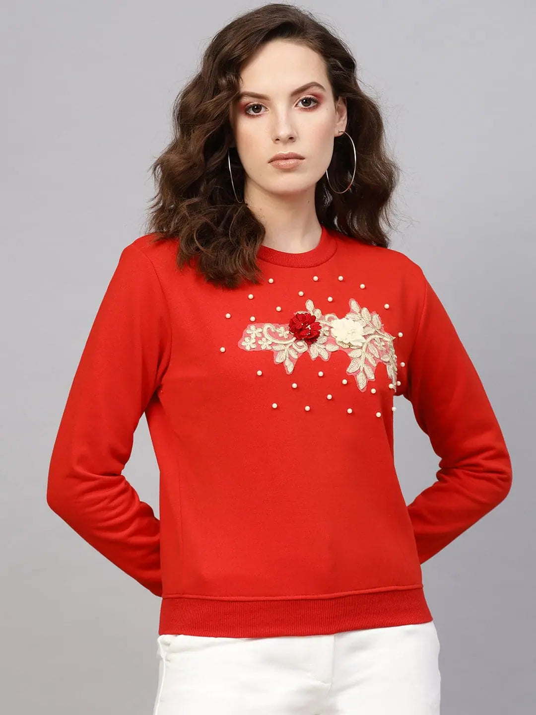 Red Floral Front Patch Sweatshirt Hoodie with Zipper Placket Modern Functional