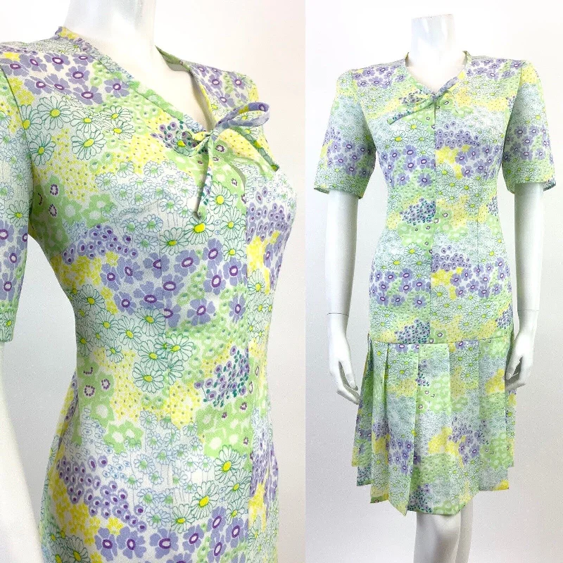VTG 60s 70s GREEN PURPLE WHITE YELLOW FLORAL PSYCHEDELIC DROP WAIST DRESS 12 14 A-Line Day Work VTG 60s 70s GREEN PURPLE WHITE YELLOW FLORAL PSYCHEDELIC DROP WAIST DRESS 12 14 A-Line Day Work