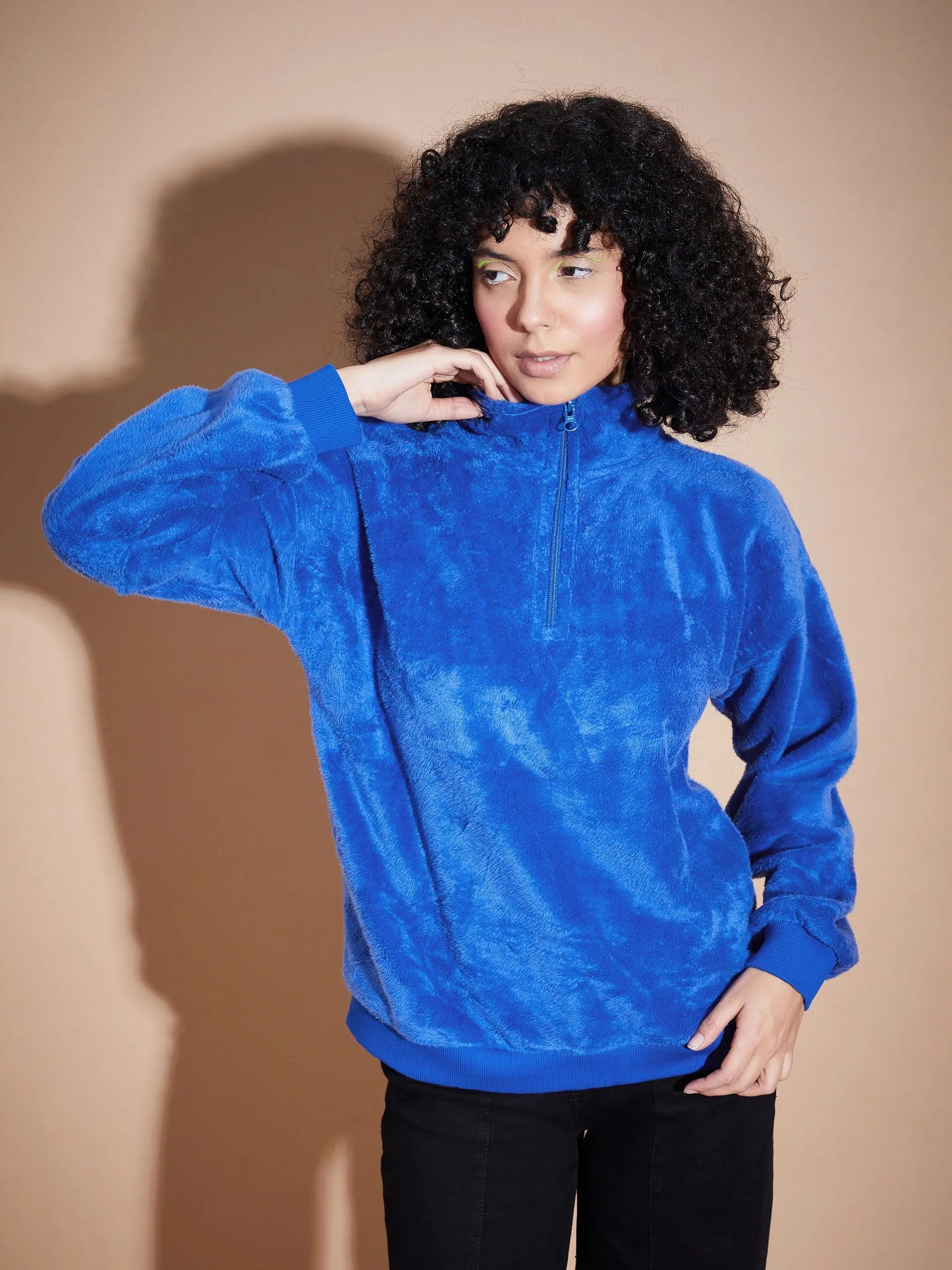 Women Royal Blue Front Zipper High Neck Sweatshirt Hoodie with Puffed Sleeves Voluminous Trendy Women Royal Blue Front Zipper High Neck Sweatshirt Hoodie with Puffed Sleeves Voluminous Trendy