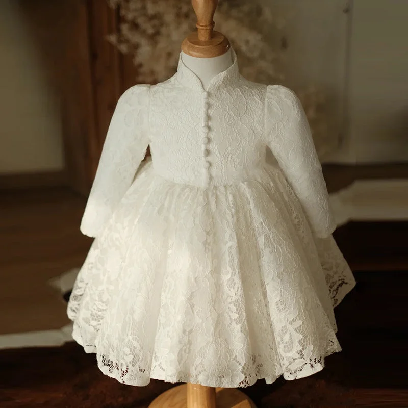Girl White Long Sleeve Stand Collar Lace Princess Dresses Baby Girl Formal Dresses Tunics Evening elegant
