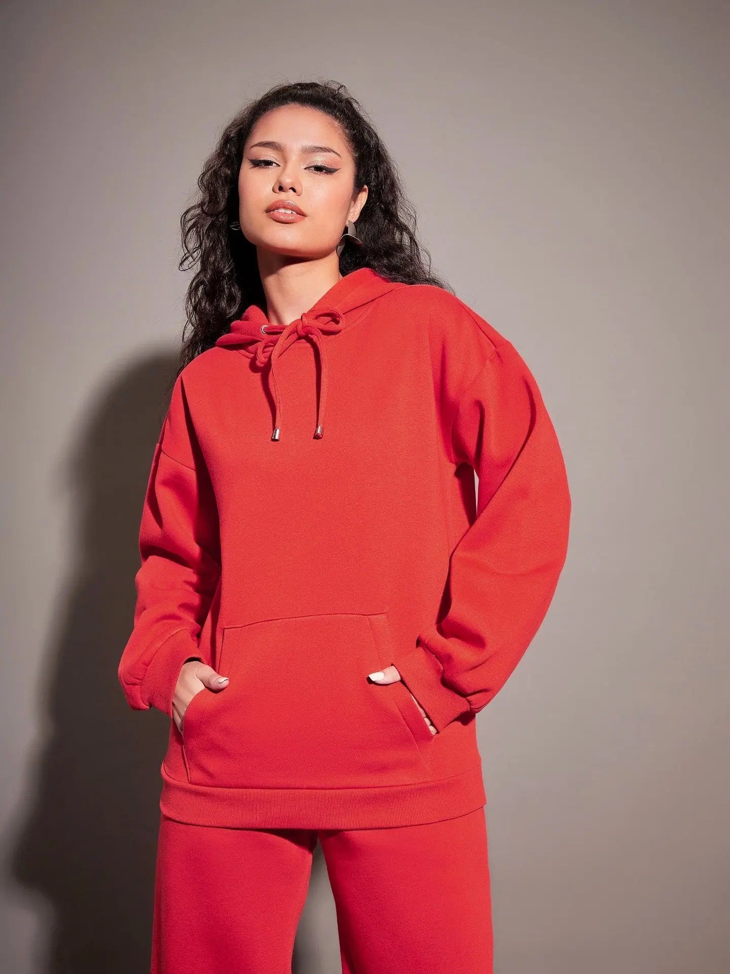 Women Red Fleece Oversized Hoodie Hoodie with Relaxed Fit Easy Casual