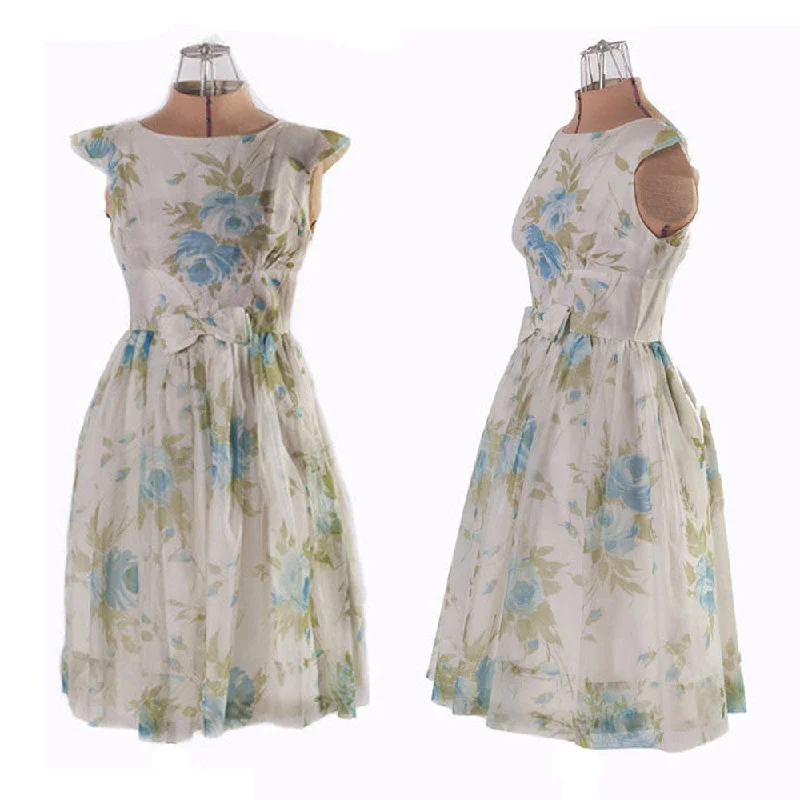 1950s Blue Floral Chiffon Party Dress Pencil Length Work