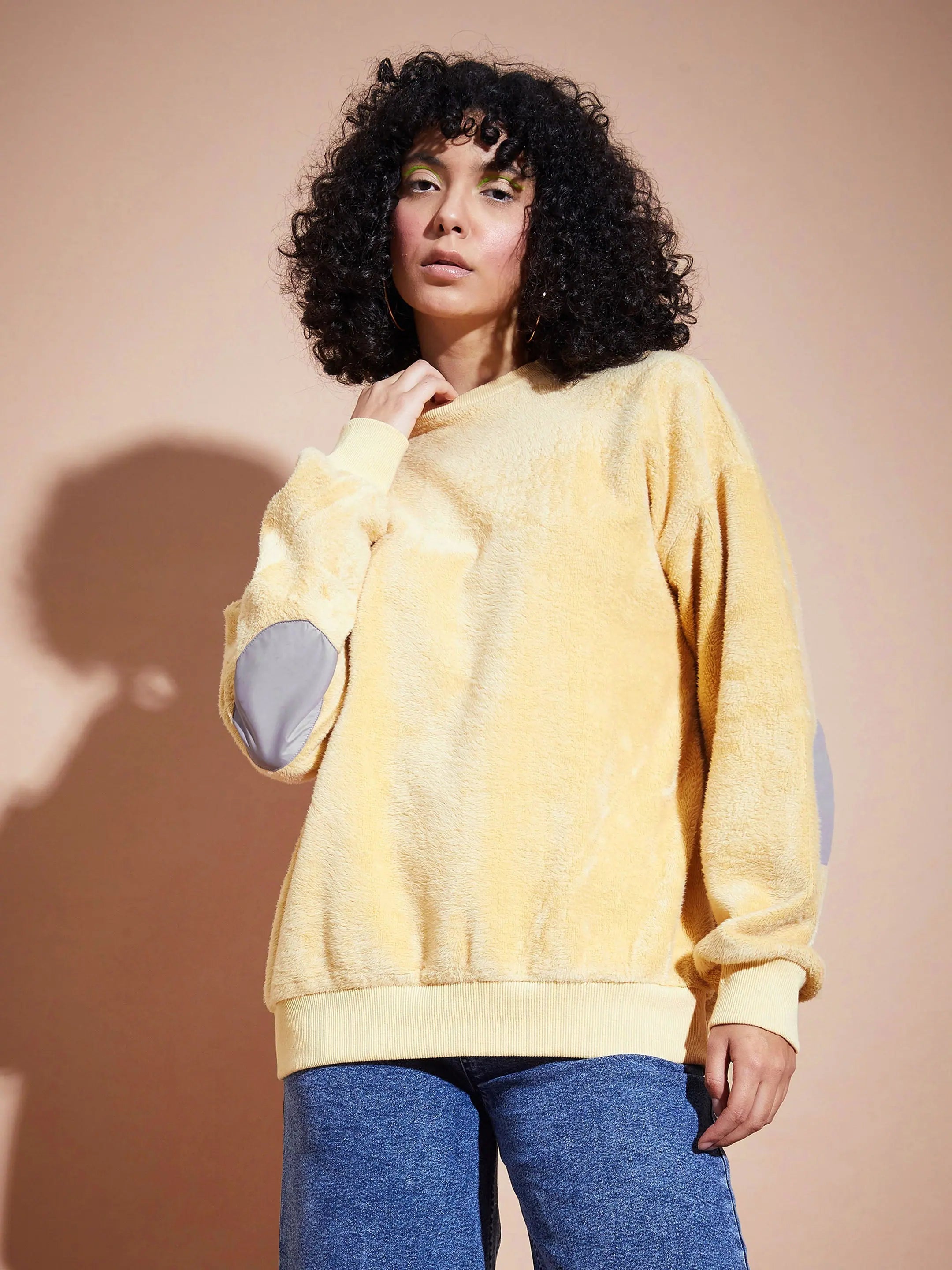 Women Fawn Elbow Patch Fur Round Neck Sweatshirt Hoodie with Bell Sleeves Flared Feminine Women Fawn Elbow Patch Fur Round Neck Sweatshirt Hoodie with Bell Sleeves Flared Feminine