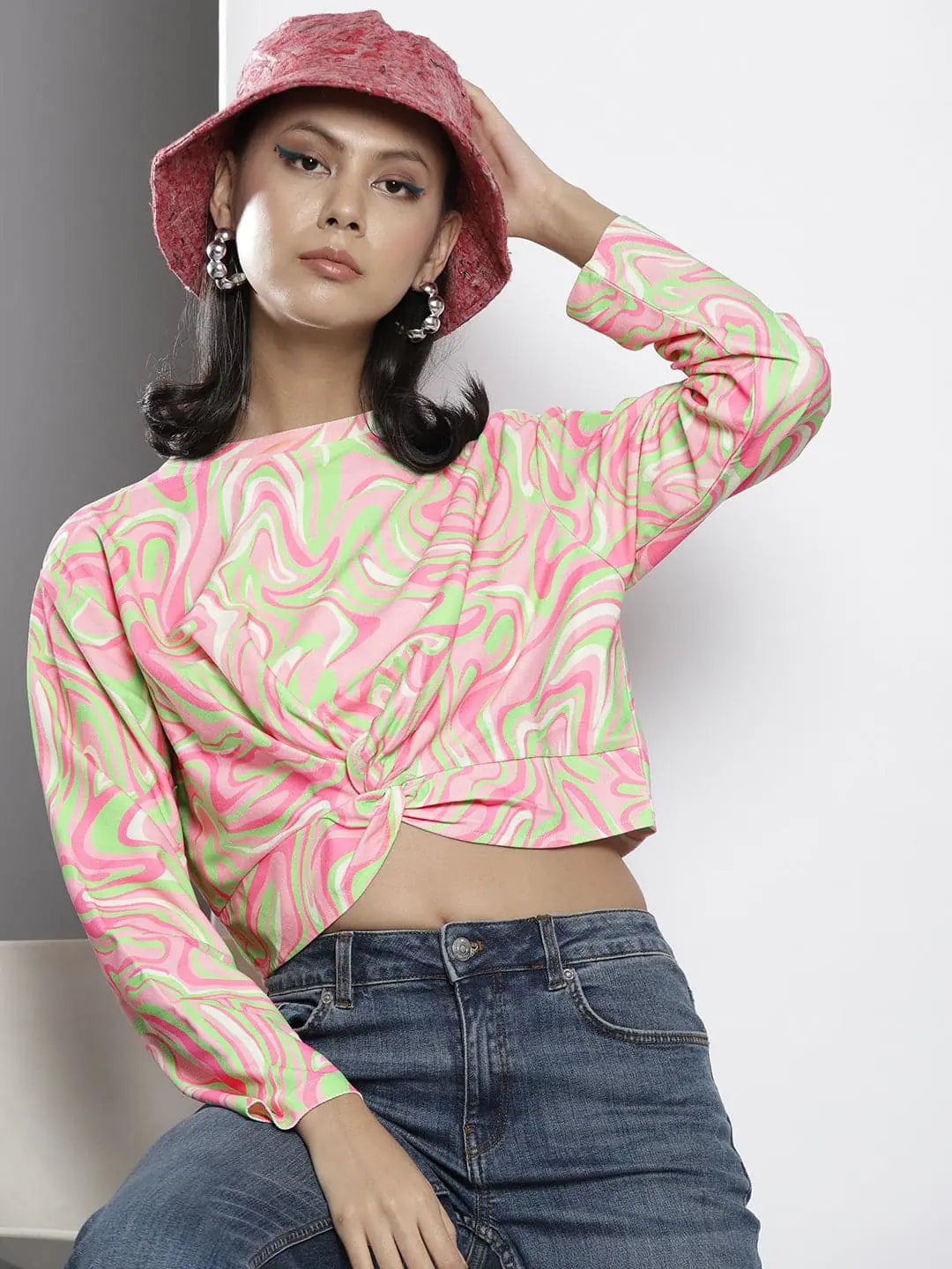 Women Pink & Green Waves Print Knot Crop Sweatshirt Hoodie with Tie-Dye Psychedelic Retro Women Pink & Green Waves Print Knot Crop Sweatshirt Hoodie with Tie-Dye Psychedelic Retro
