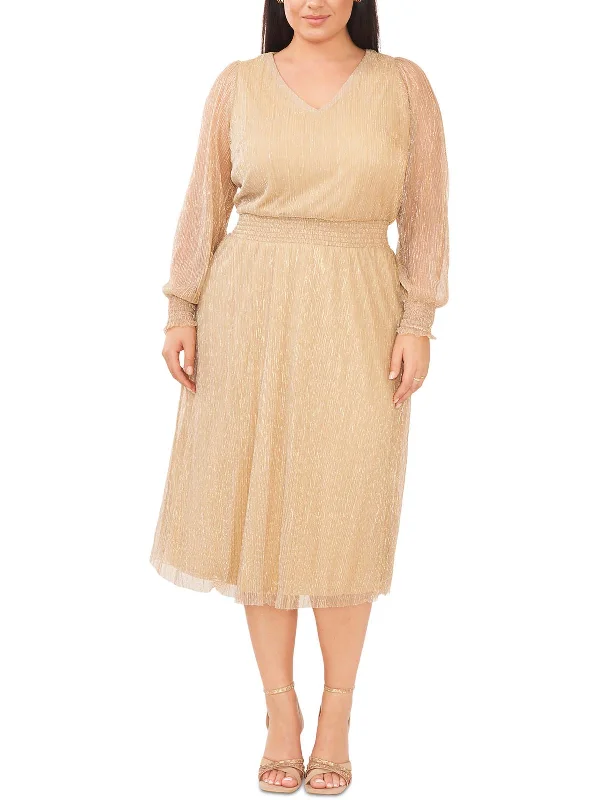 Plus Womens Metallic Midi Cocktail and Party Dress Boat Neckline Classic