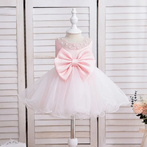 Baby Girl Easter Dress Cute Bow Sleeveless Mesh Princess Dress Boat Neckline Classic Baby Girl Easter Dress Cute Bow Sleeveless Mesh Princess Dress Boat Neckline Classic