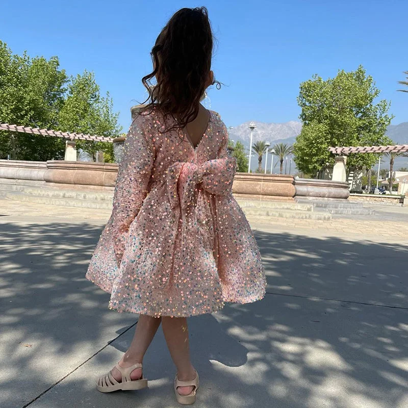 Girl Formal Princess Dresses Baby Girl Long Sleeve Sequins Lace Beaded Pageant Dress Floral Print girly Girl Formal Princess Dresses Baby Girl Long Sleeve Sequins Lace Beaded Pageant Dress Floral Print girly