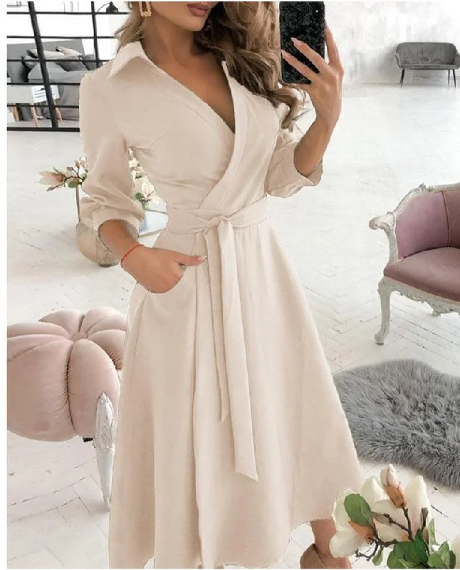 Sexy Irregular Hemline Dress - Women's Deep V-neck Party Dress with Long Sleeves Tunics Luxurious premium