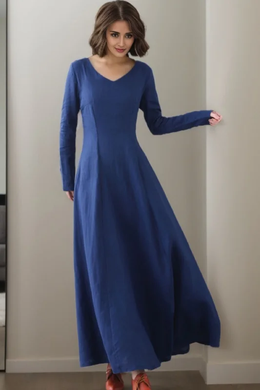 Maxi Blue Swing Linen Dress - V-Neck Design 5514 Tunic Top Casual