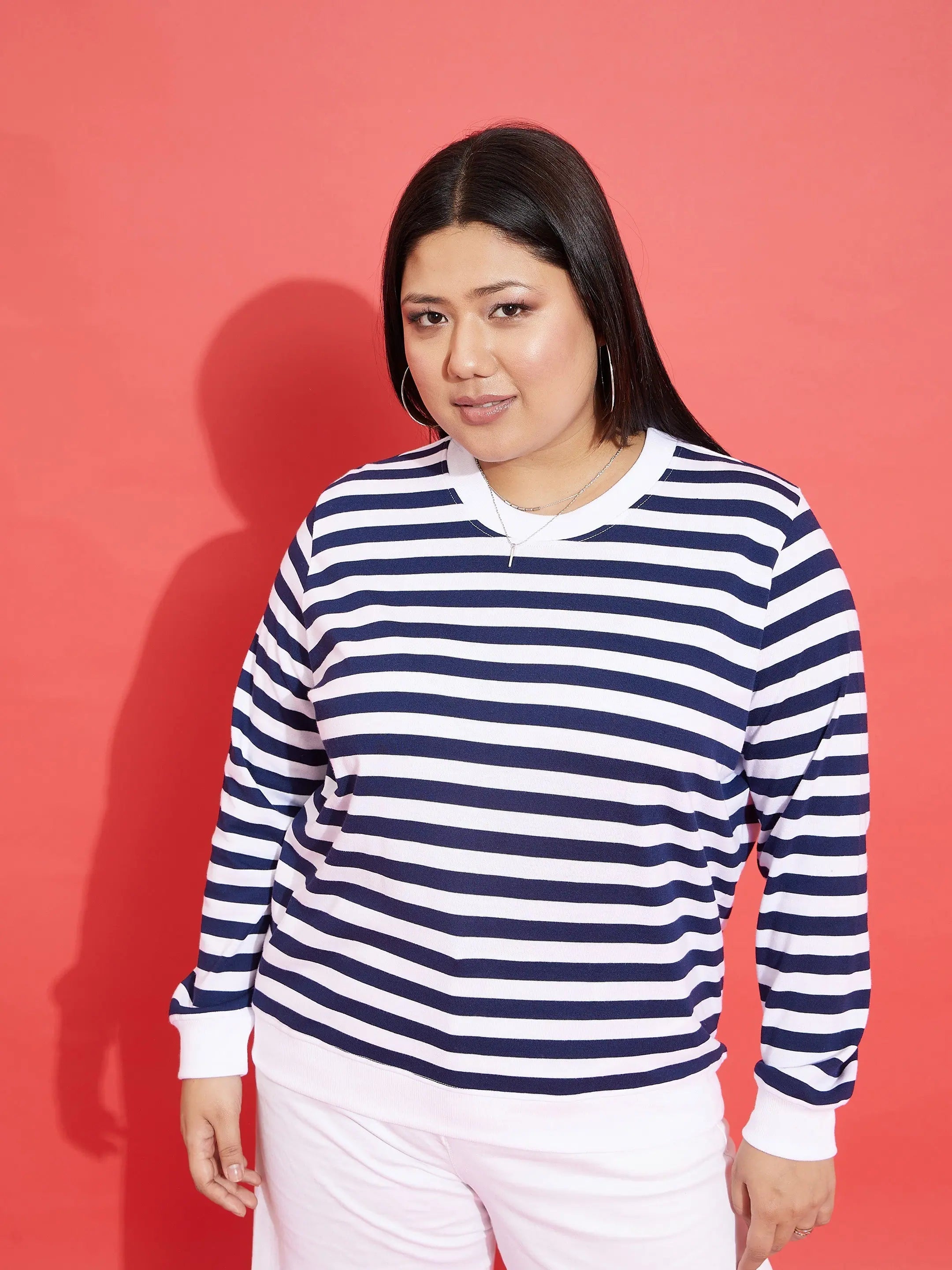Women Navy & White Fleece Striped Sweatshirt Hoodie with Back Slit Movement Comfort